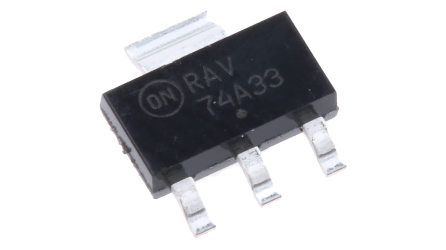 onsemi 线性稳压芯片, 3.3 V输出, 400mA最大输出, 单路输出, SOT-223, 3+Tab针, 贴片安装, -40°C→+150 °C, 2%精度