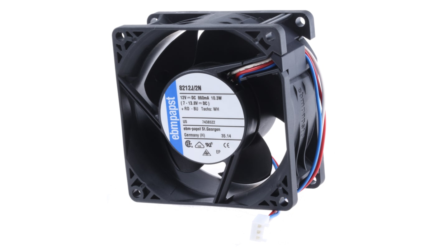 ebm-papst 8200 J Series Axial Fan, 12 V dc, DC Operation, 132m³/h, 10W, 80 x 80 x 38mm