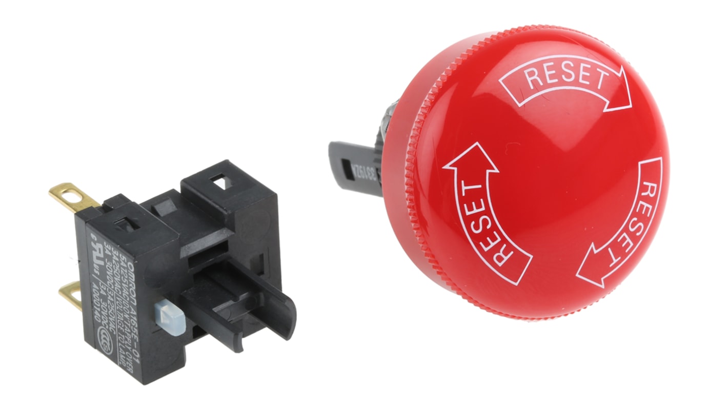 Omron A165E Series Twist Release Emergency Stop Push Button, Panel Mount, 16mm Cutout, 1NC, IP65