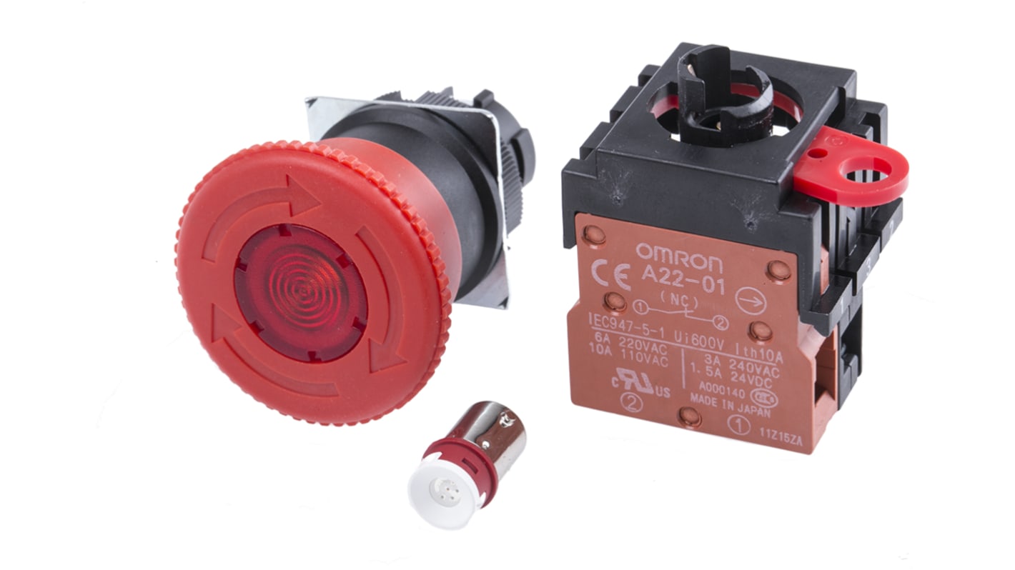Omron A22E Series Twist Release Illuminated Emergency Stop Push Button, Panel Mount, 1NC, IP65
