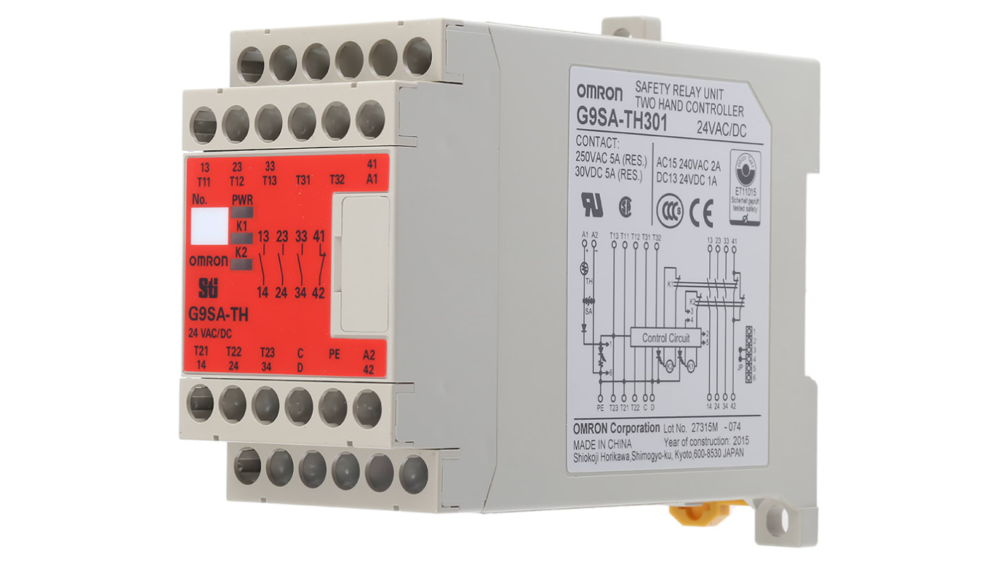 Omron G9SA Two Hand Control Safety Relay, 24V ac/dc, Dual-Channel, 3 Safety Contacts