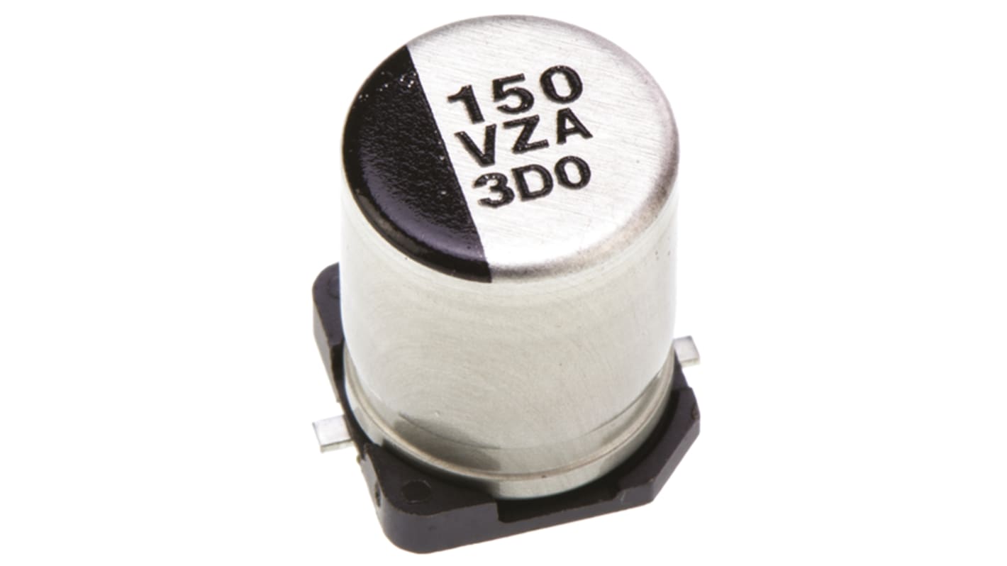 Condensador de polímero Panasonic ZA, 150μF ±20%, 35V dc, Montaje en Superficie, paso 3.1mm, dim. 8 (Dia) x 10.2mm