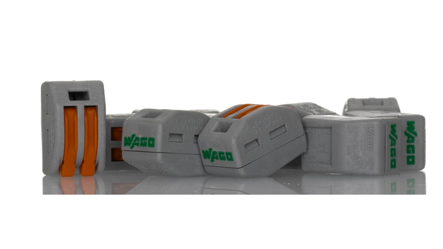 WAGO 杠杆连接器, 2路, 32A, 400 V, 线规28 → 12 AWG, 笼式弹簧夹端接, 电缆安装, 灰色, 222系列