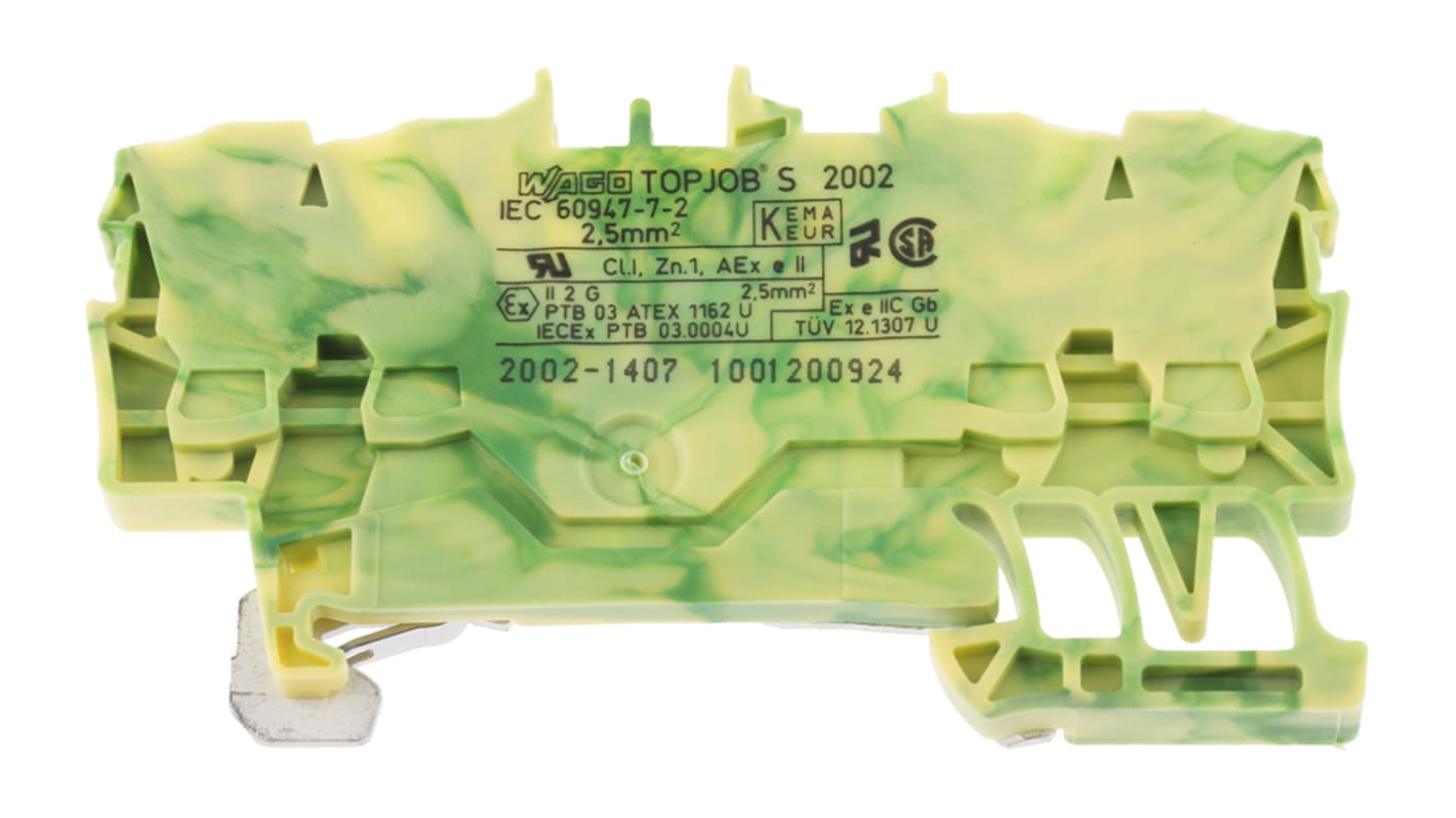 WAGO 2002-1407 TOPJOB S, 2002 Series Green/Yellow, 2.5mm², Single-Level, Push-In Cage Clamp Termination, ATEX, IECEx