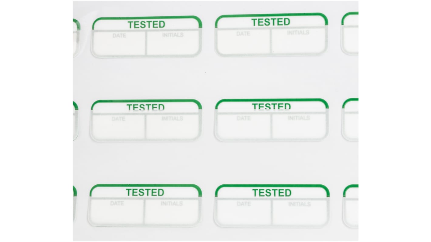 RS PRO Grün Vorbedrucktes, selbstklebendes Etikett: Tested, 15mm x 40mm, 120 Stück