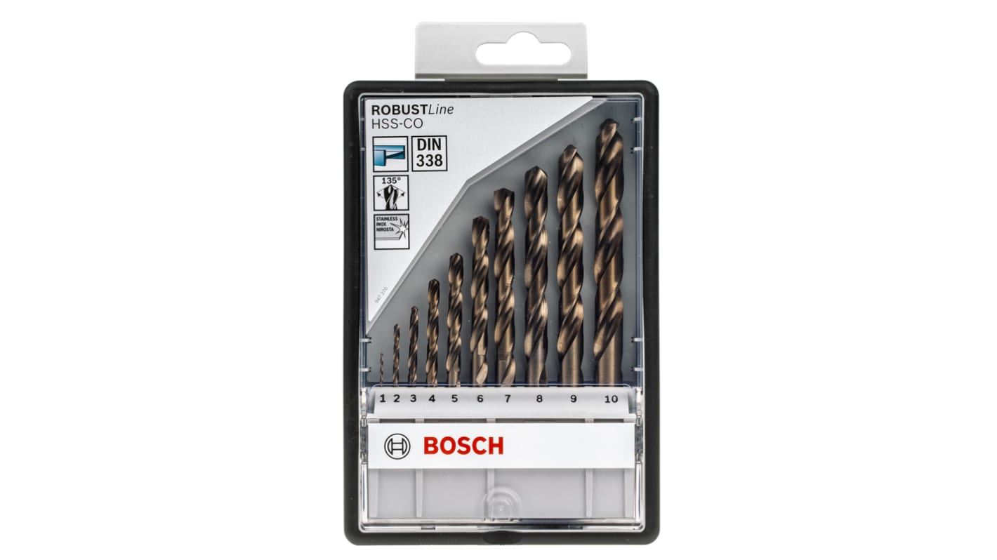 Bosch 10 Piece Twist Drill Bit Set for Metal 10mm Max 1mm Min HSS Co Bits