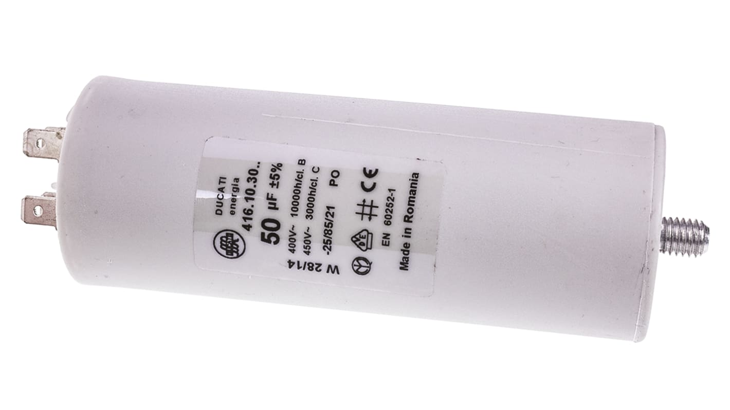 Ducati Energia 4.16.10 Polypropylene Film Capacitor, 450V ac, ±5%, 50μF, Stud Mount
