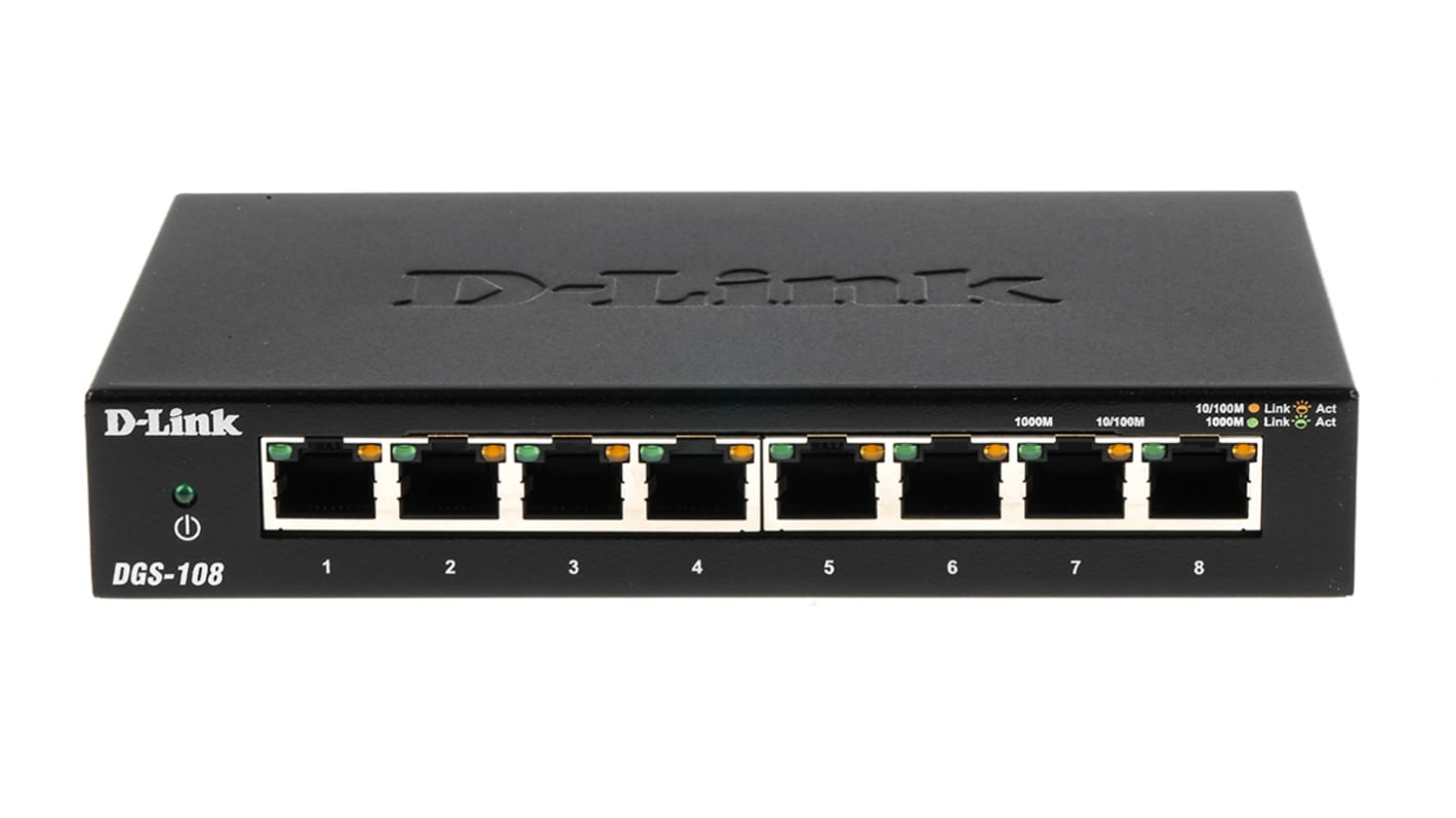 D-Link DGS-108 Netzwerk Switch Desktop 8-Port Unmanaged 10/100/1000Mbit/s UK 162 x 102 x 28mm