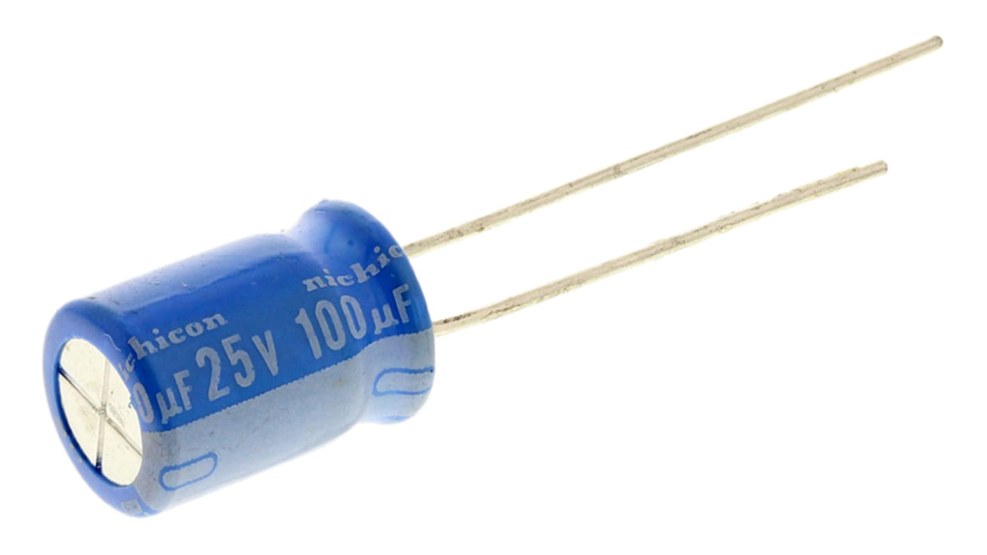 Condensatore Nichicon, serie BT, 100μF, 25V cc, ±20%, +125°C, Radiale, Foro passante