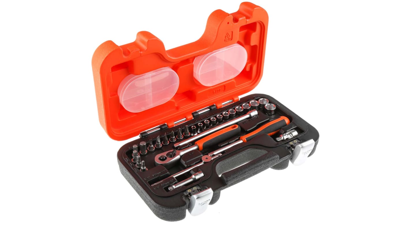 Bahco 29-Piece Metric 1/4 in Standard Socket/Bit Set with Ratchet, 6 point; Hex Bit; Phillips Bit; Slotted Bit