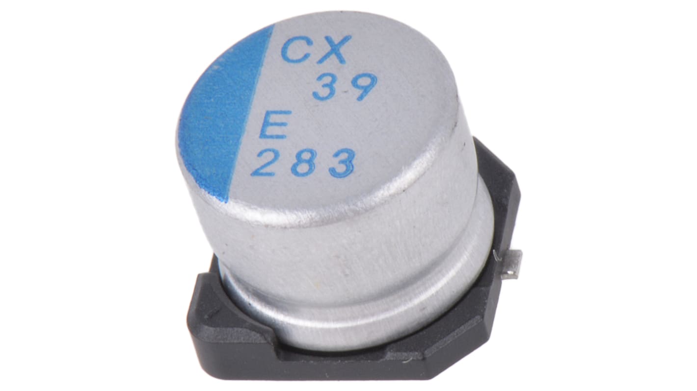 Condensador de polímero Nichicon CX, 39μF ±20%, 25V dc, Montaje en Superficie, paso 3.2mm, dim. 8 (Dia) x 6.9mm