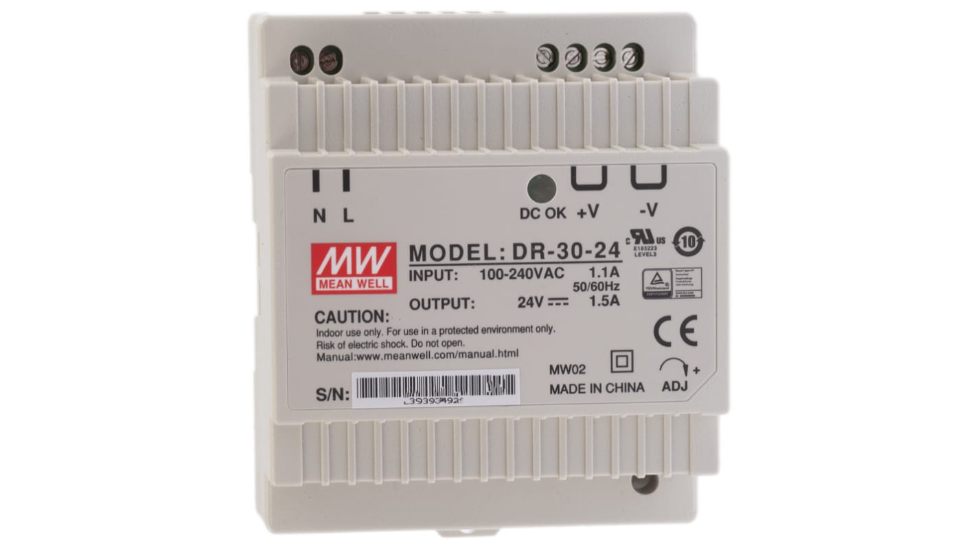 MEAN WELL DR Switch-Mode DIN-Schienen Netzteil 30W, 85 → 264V ac, 24V dc / 1.5A