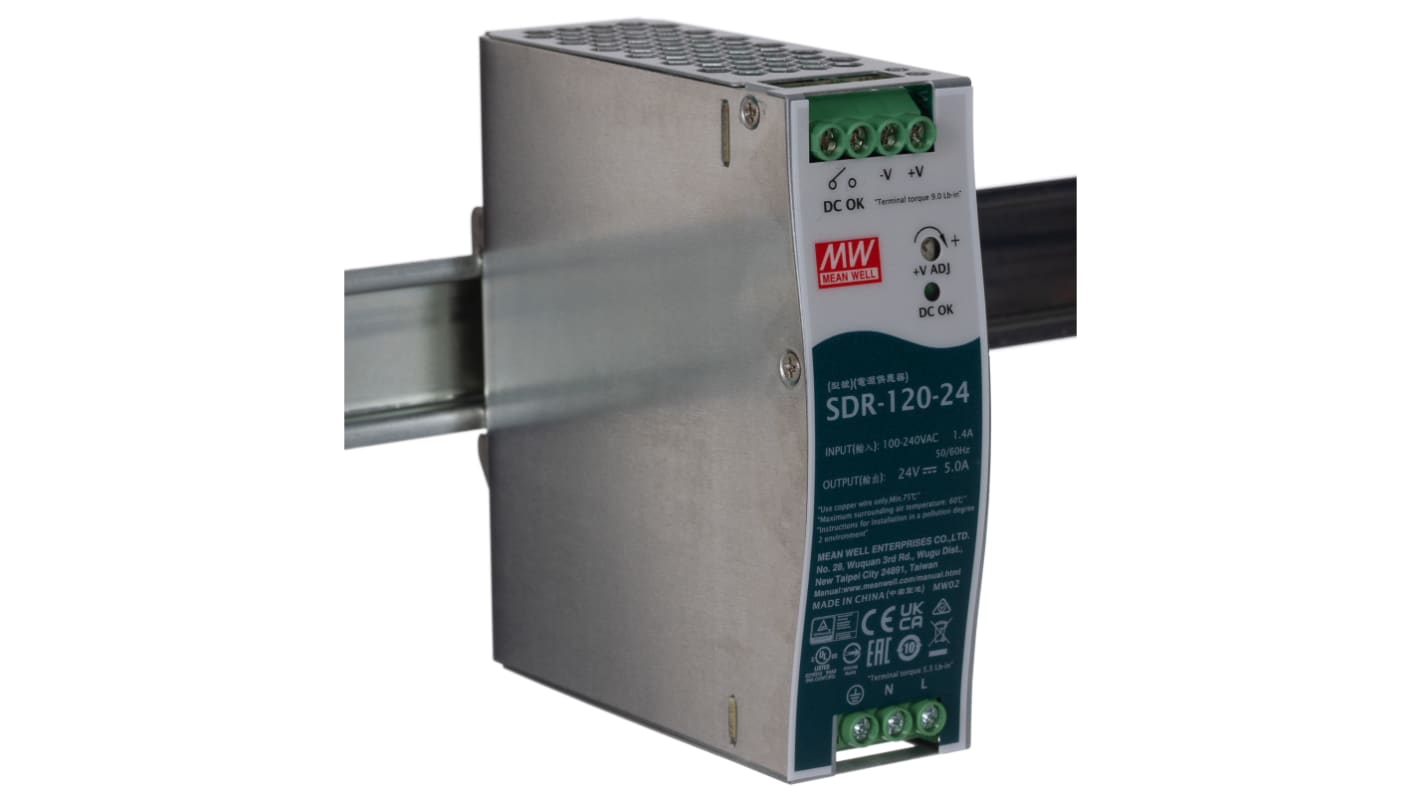 Alimentatore a montaggio su guida DIN MEAN WELL, 24V cc, 5A, 88 → 264V ca, 120W