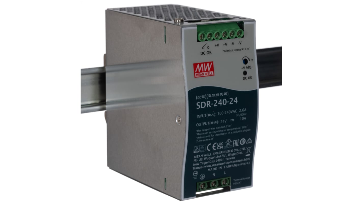 MEAN WELL 开关模式导轨电源, 24V 直流 10A输出, 240W, 88 → 264V 交流输入, 单相, SDR系列