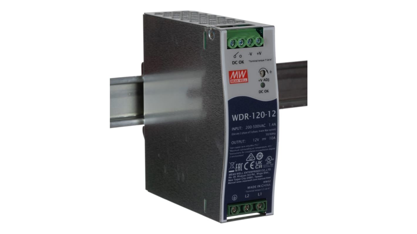 MEAN WELL WDR Switched Mode DIN Rail Power Supply, 180 → 550V ac ac Input, 12V dc dc Output, 10A Output, 120W