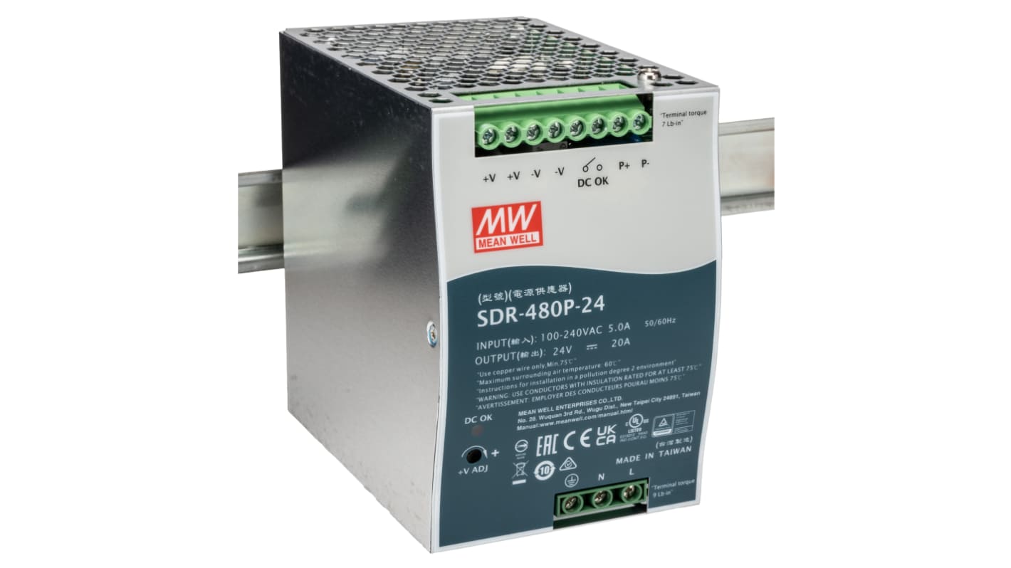 MEAN WELL SDR Switched Mode DIN Rail Power Supply, 88 → 264V ac ac Input, 24V dc dc Output, 20A Output, 480W