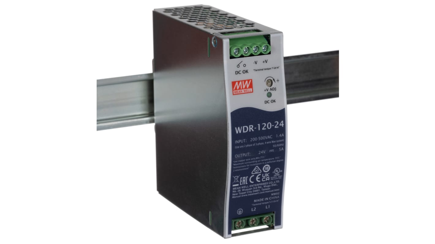 MEAN WELL WDR Switched Mode DIN Rail Power Supply, 180 → 550V ac ac Input, 24V dc dc Output, 5A Output, 120W