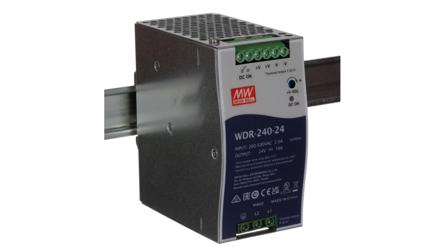 MEAN WELL WDR Switched Mode DIN Rail Power Supply, 180 → 550V ac ac Input, 24V dc dc Output, 10A Output, 240W