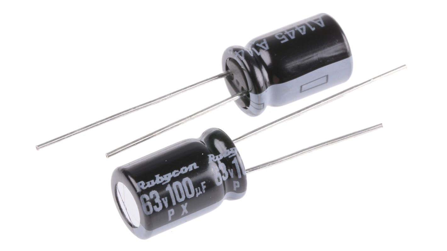 Rubycon 100μF Aluminium Electrolytic Capacitor 63V dc, Radial, Through Hole - 63PX100MEFC8X11.5