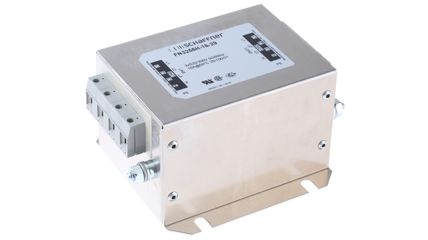 Schaffner 三相EMI滤波器, 16A, 520/300 V 交流, 60Hz, 底盘安装, 端子排接端, 一阶, FN3256系列