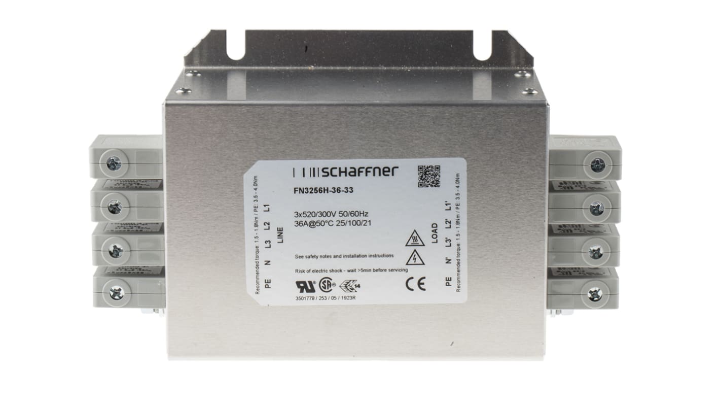 Schaffner, FN3256 36A 520/300 V ac 60Hz, Chassis Mount EMI Filter, Terminal Block 3 Phase