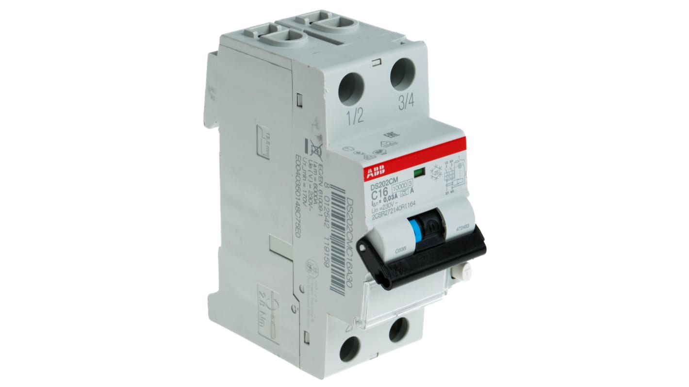 ABB RCBO, 16A Current Rating, 2P Poles, 30mA Trip Sensitivity, Type C, System Pro M Compact Range