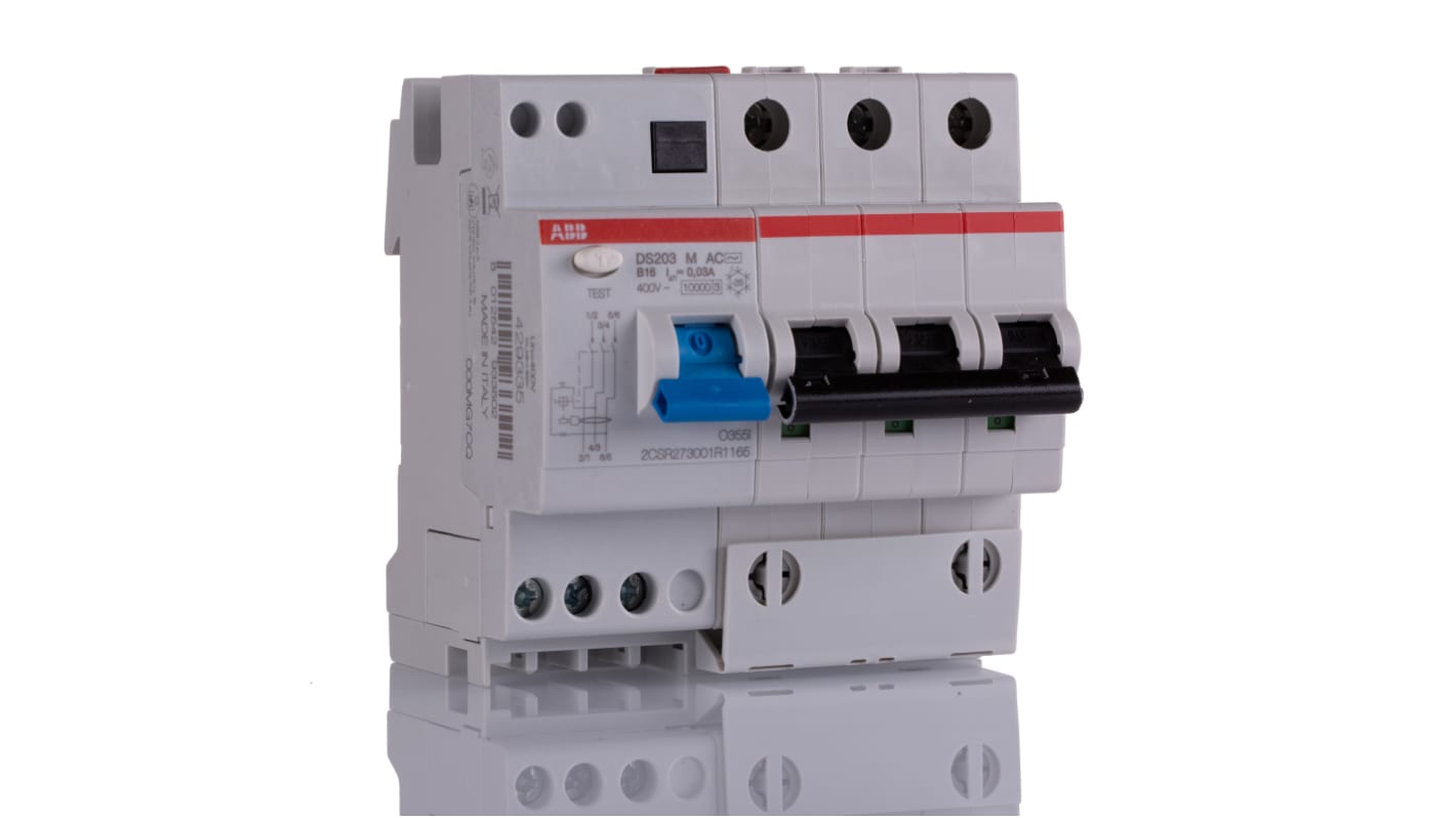 ABB RCBO, 16A Current Rating, 3P Poles, 30mA Trip Sensitivity, Type B, System Pro M Compact Range