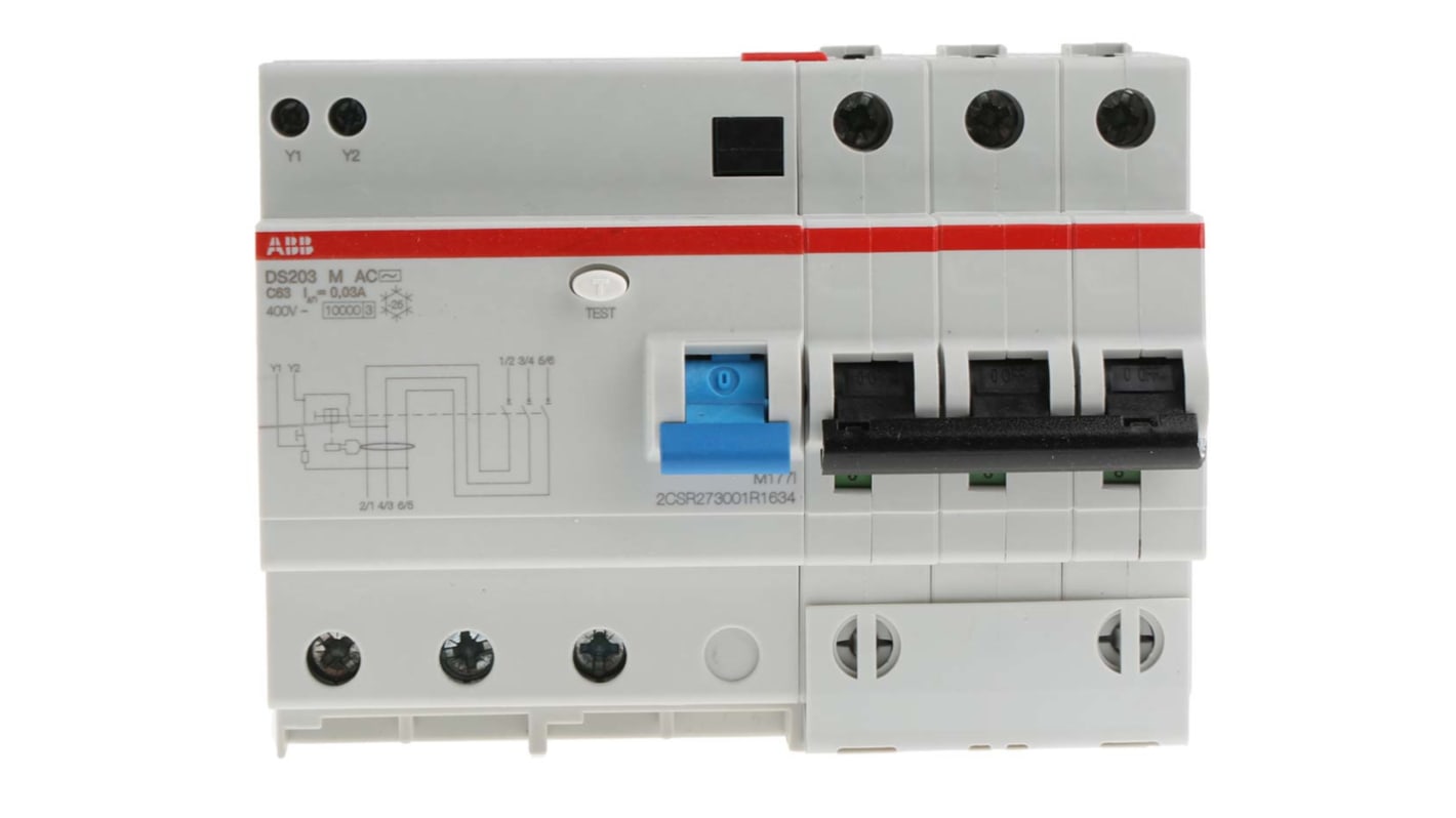 ABB 63A 3P RCBO, 30mA C型剩余电流动作断路器, 400V, DS200系列