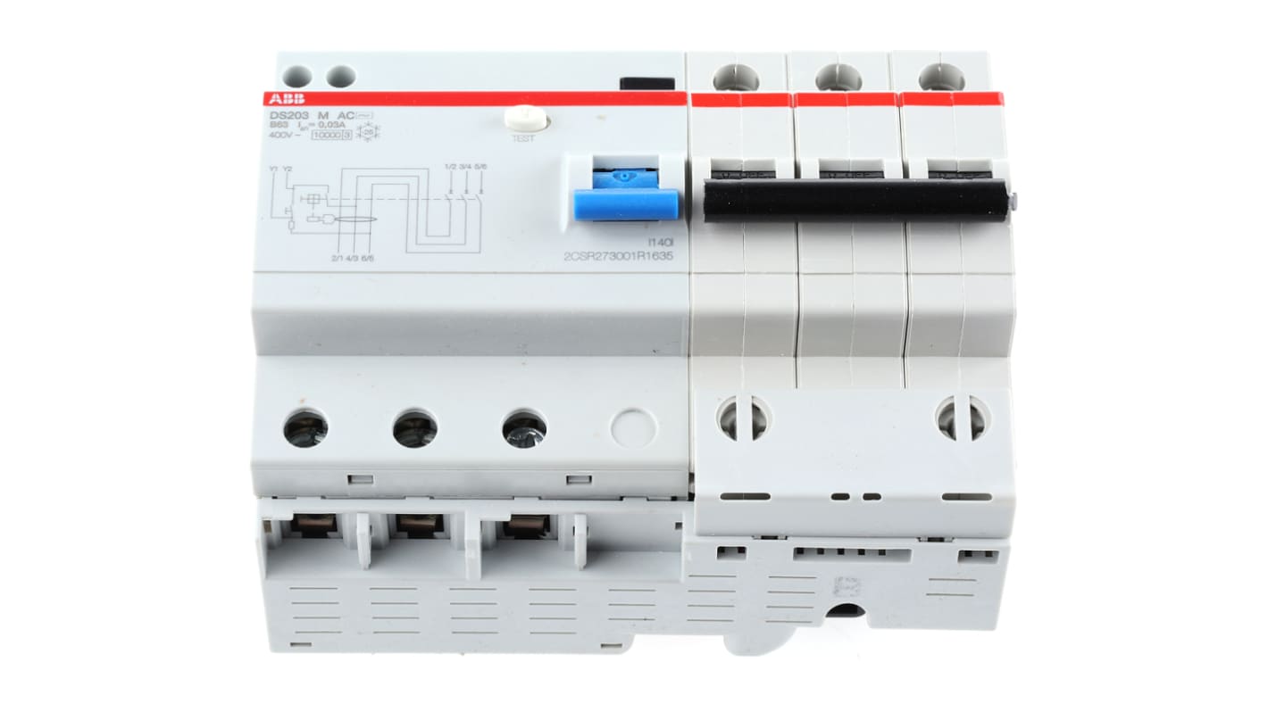 Interruptor automático y diferencial 3P, 63A, Sensibilidad 30mA, Montaje en Carril DIN, System Pro M Compact