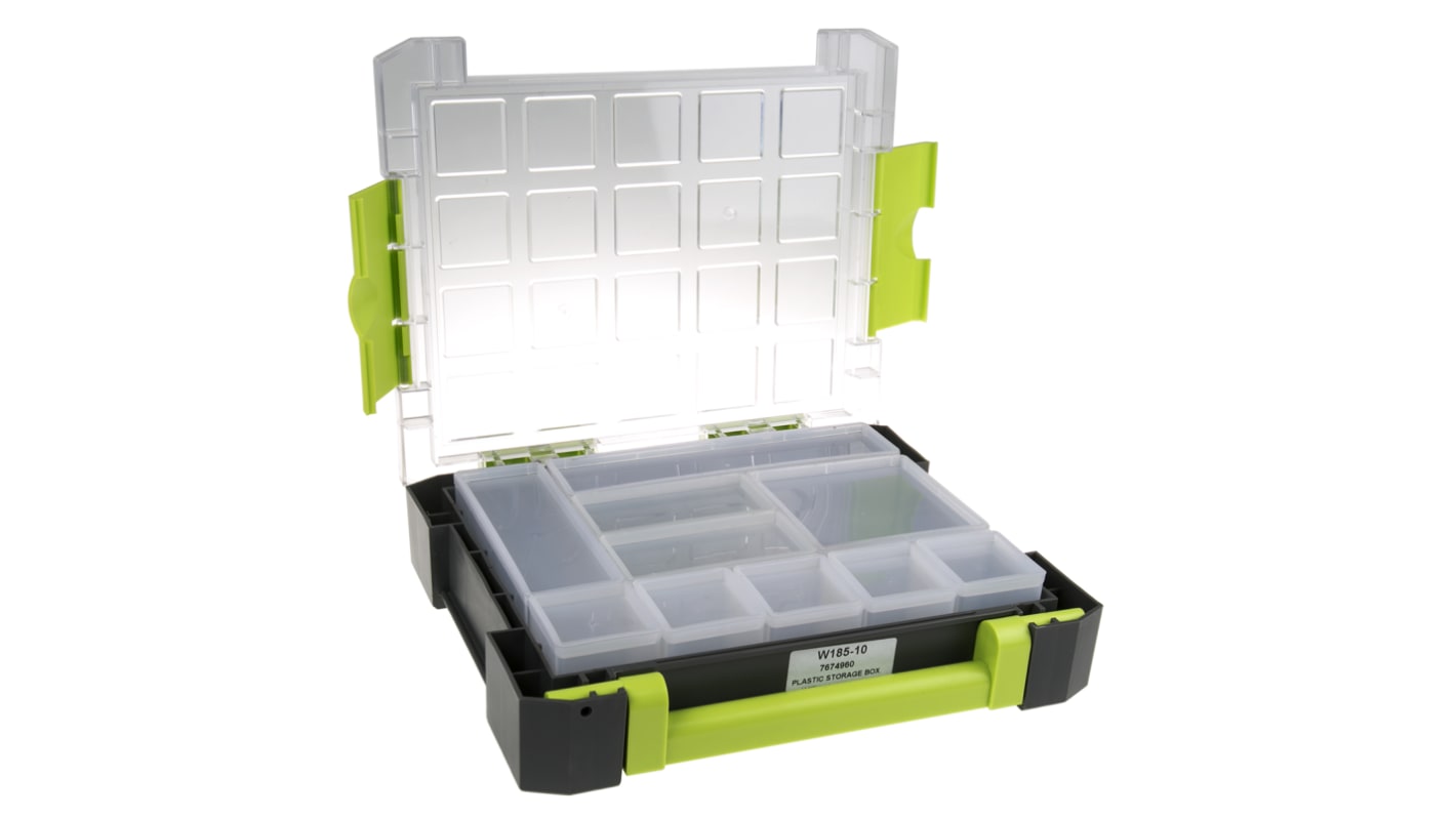 RS PRO 10 Cell Transparent, Grey, Green PP, Adjustable Compartment Box, 325mm x 275mm x 70mm