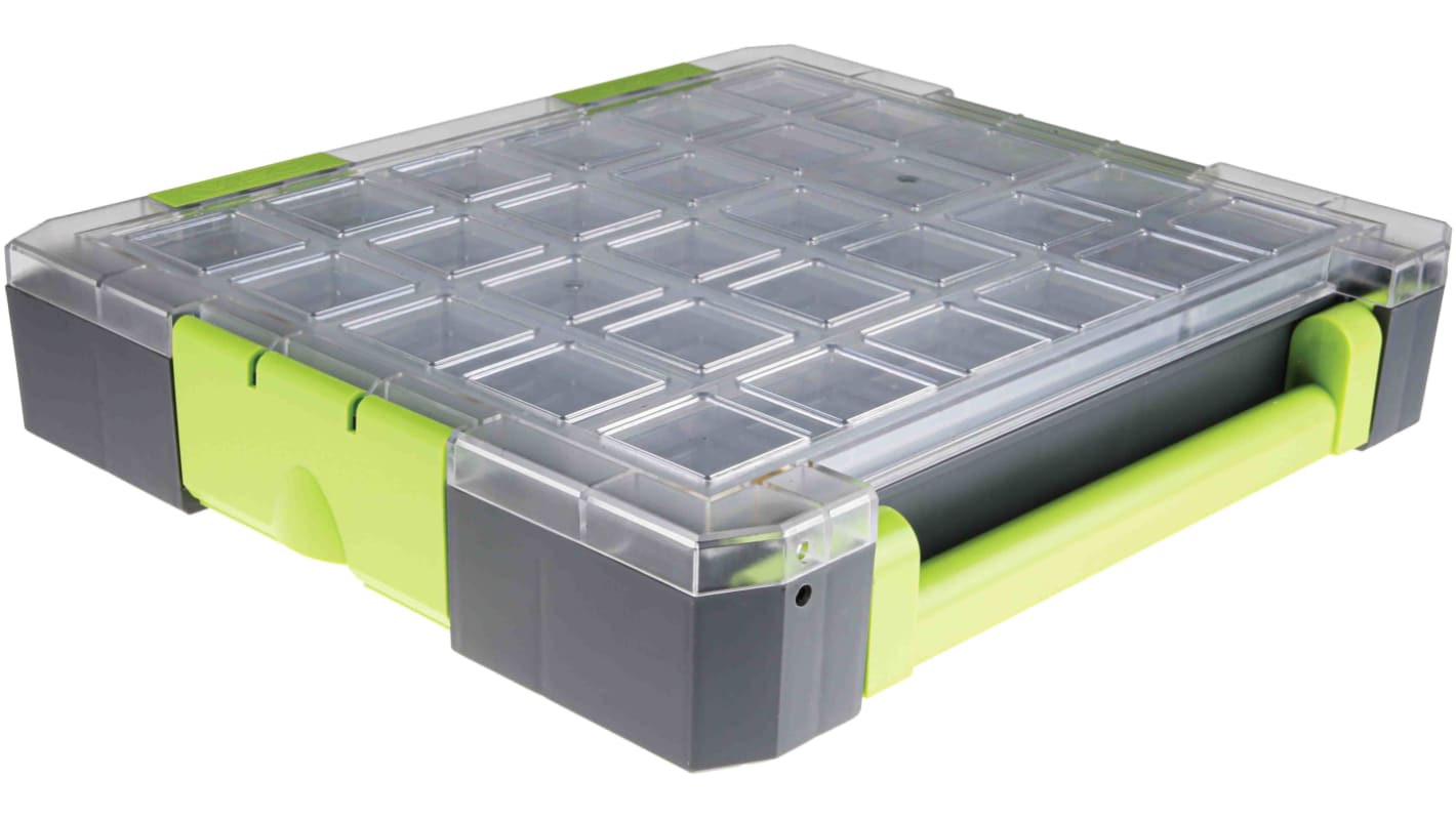 RS PRO 16 Cell Transparent, Grey, Green PP, Adjustable Compartment Box, 375mm x 325mm x 70mm