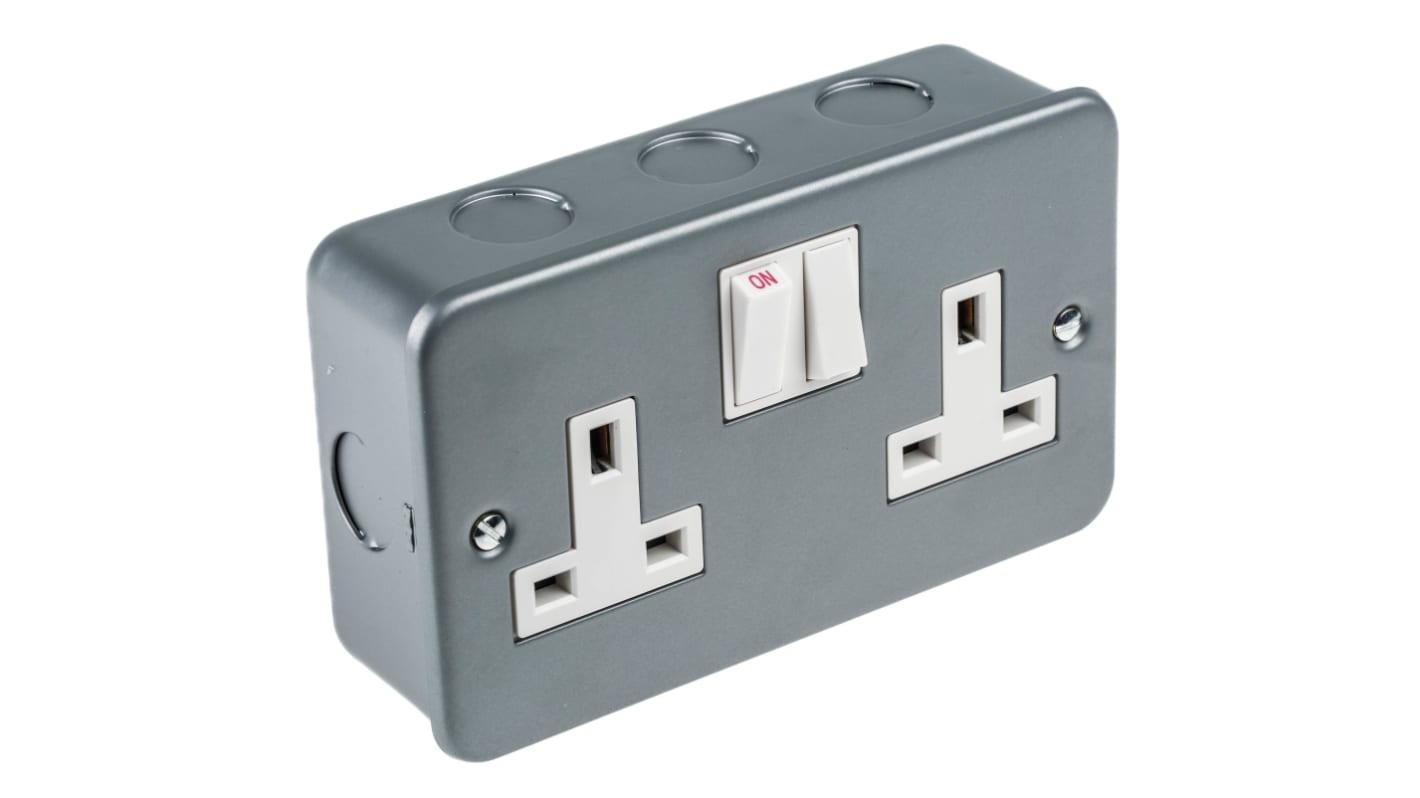 RS PRO 英标插座, 带开关, 2位, 表面安装, 室内使用, 13A, 230 V, 灰色