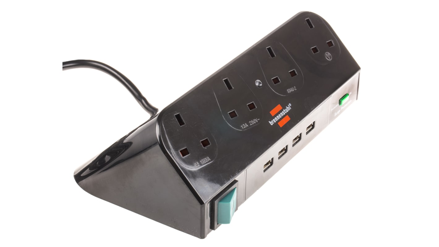 Regleta de enchufes brennenstuhl Desktop-USB, con interruptor, long. cable 1m, 4 tomas Tipo G - Británico, USB, 230 V,