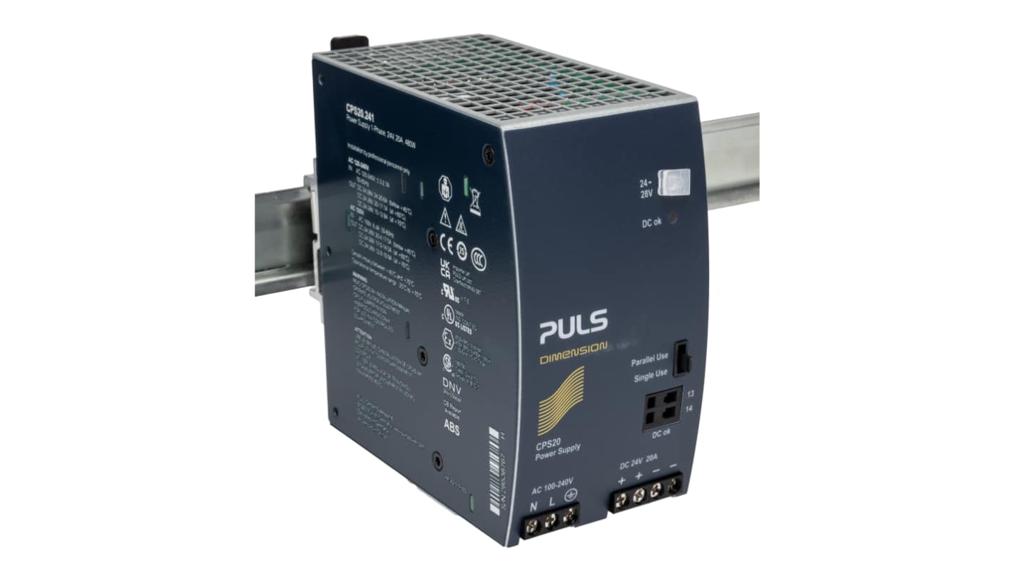 PULS DIMENSION C-Line DIN Rail Power Supply, 100 → 240V ac ac Input, 24V dc dc Output, 20A Output, 480W