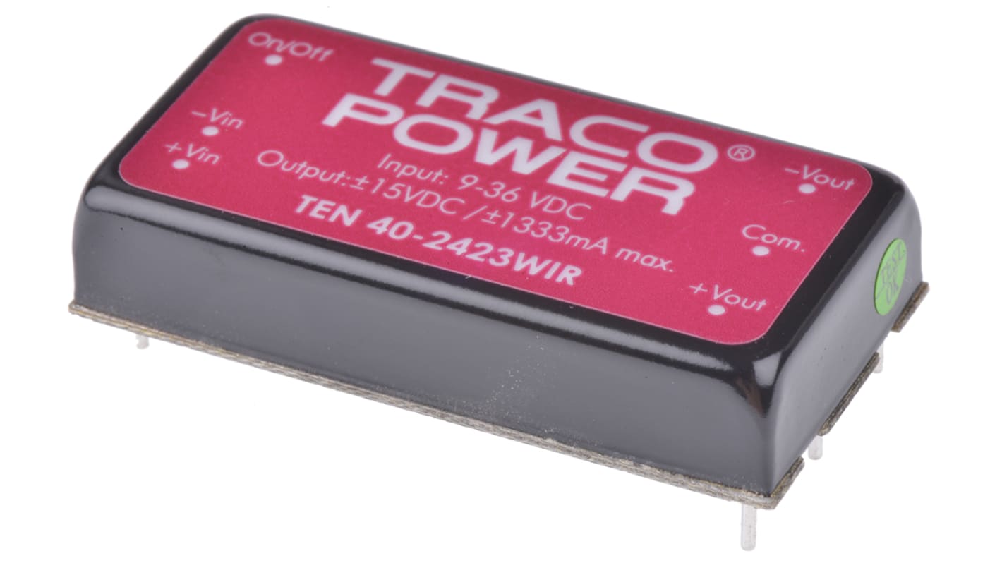 TRACOPOWER TEN 40WIR DC-DC Converter, ±15V dc/ ±1.33A Output, 9 → 36 V dc Input, 40W, Through Hole, +85°C Max