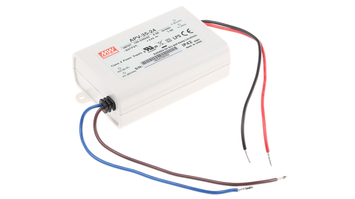 MEAN WELL LED Driver, 24V Output, 36W Output, 1.5A Output, Constant Voltage