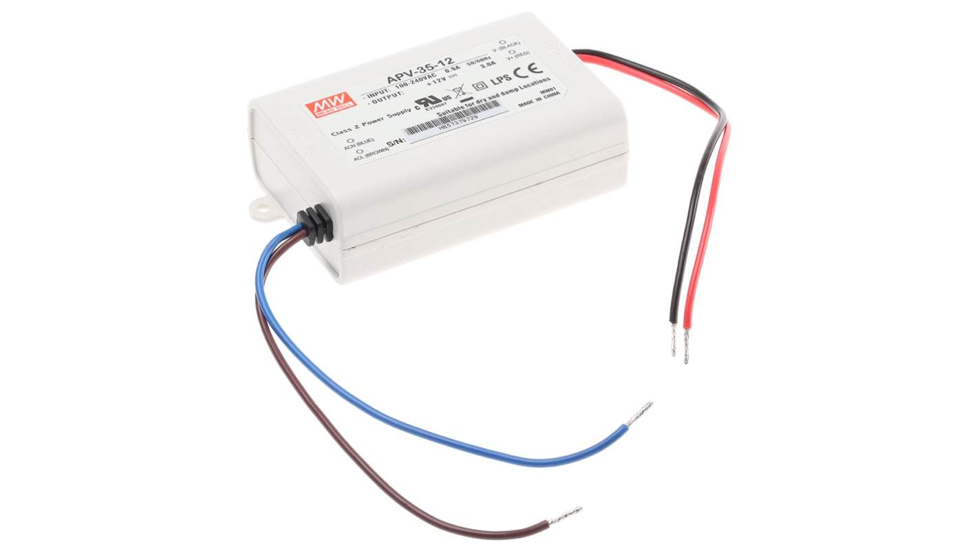 Driver LED tensión constante MEAN WELL de salidas, IN: 127 → 370 V dc, 90 → 264 V ac, OUT: 12V, 3A, 36W,