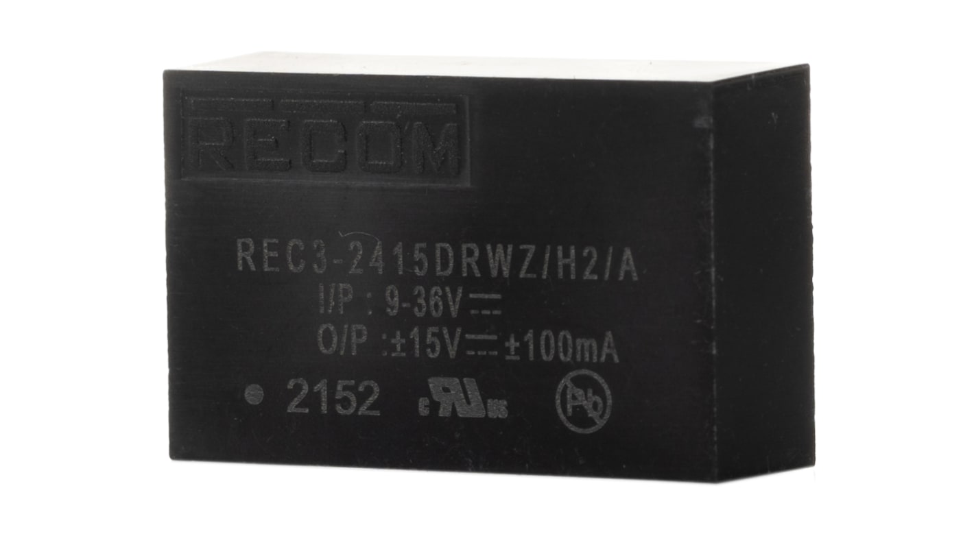 Recom REC3 DC-DC Converter, ±15V dc/ ±100mA Output, 9 → 36 V dc Input, 3W, Through Hole, +85°C Max Temp -40°C