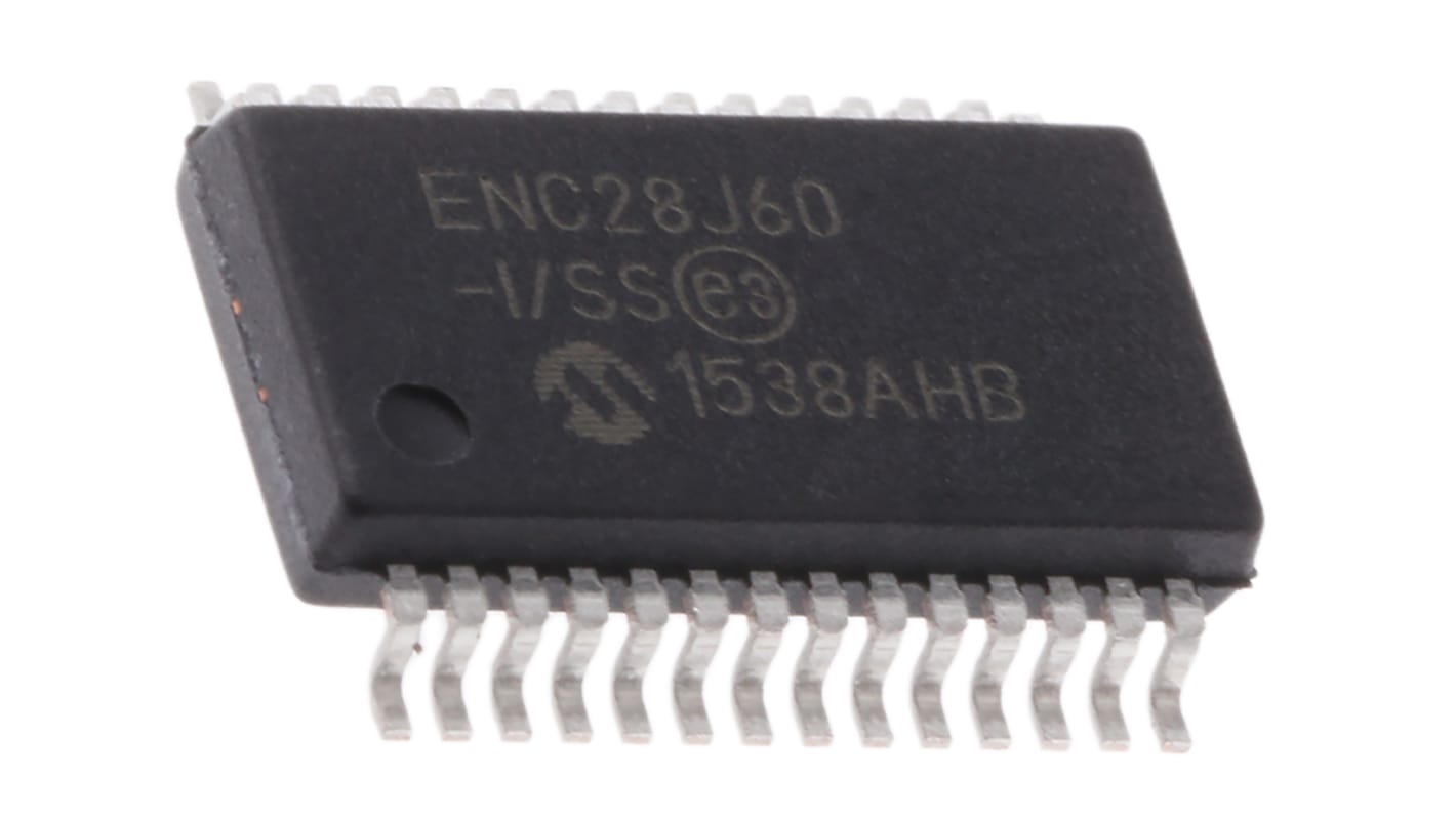 Microchip ENC28J60-I/SS, Ethernet Controller, 10Mbps MII, MIIM, Serial-SPI, 3.3 V, 28-Pin SSOP