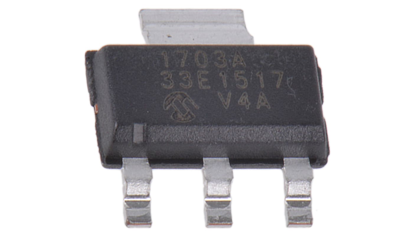 Microchip LDO稳压芯片, 3.3 V输出, 250mA最大输出, 单路输出, SOT-223, 3针, 贴片安装, -40 °C→+125 °C, 2%精度