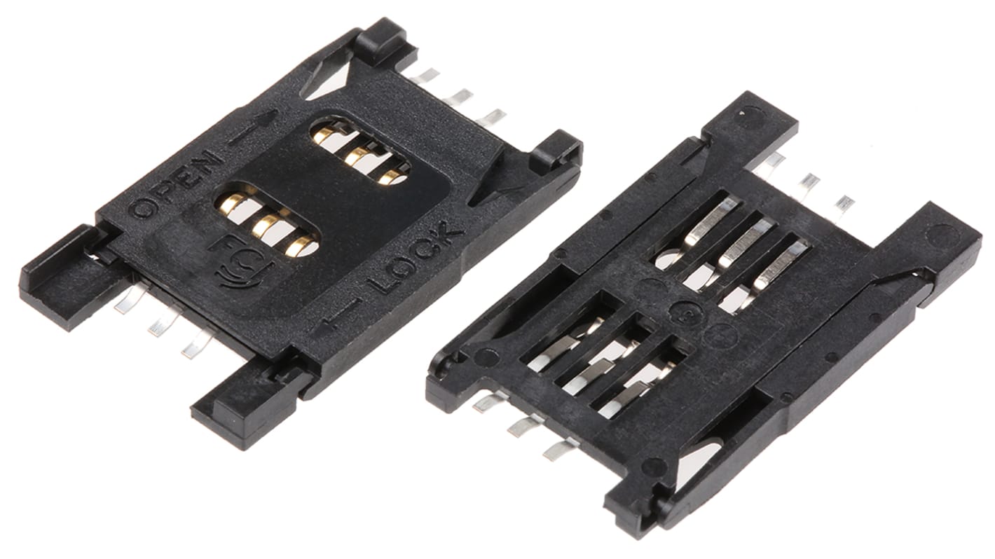 Conector para tarjeta de memoria SIM Amphenol Communications Solutions de 6 contactos, paso 2.54mm, 1 fila, montaje