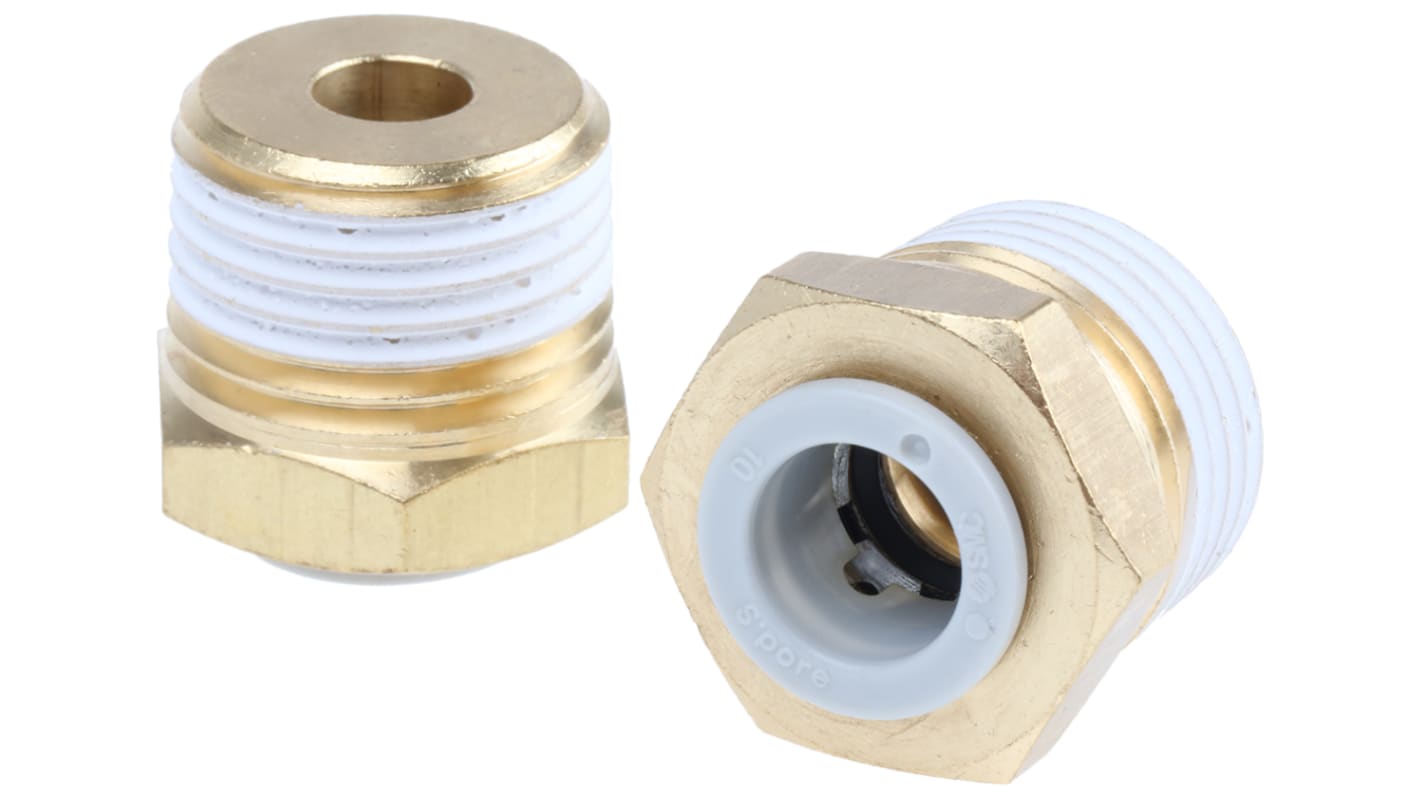 SMC 黄铜螺纹直通气管接头, R 1/2 外螺纹转推入式10 mm, KQ2系列