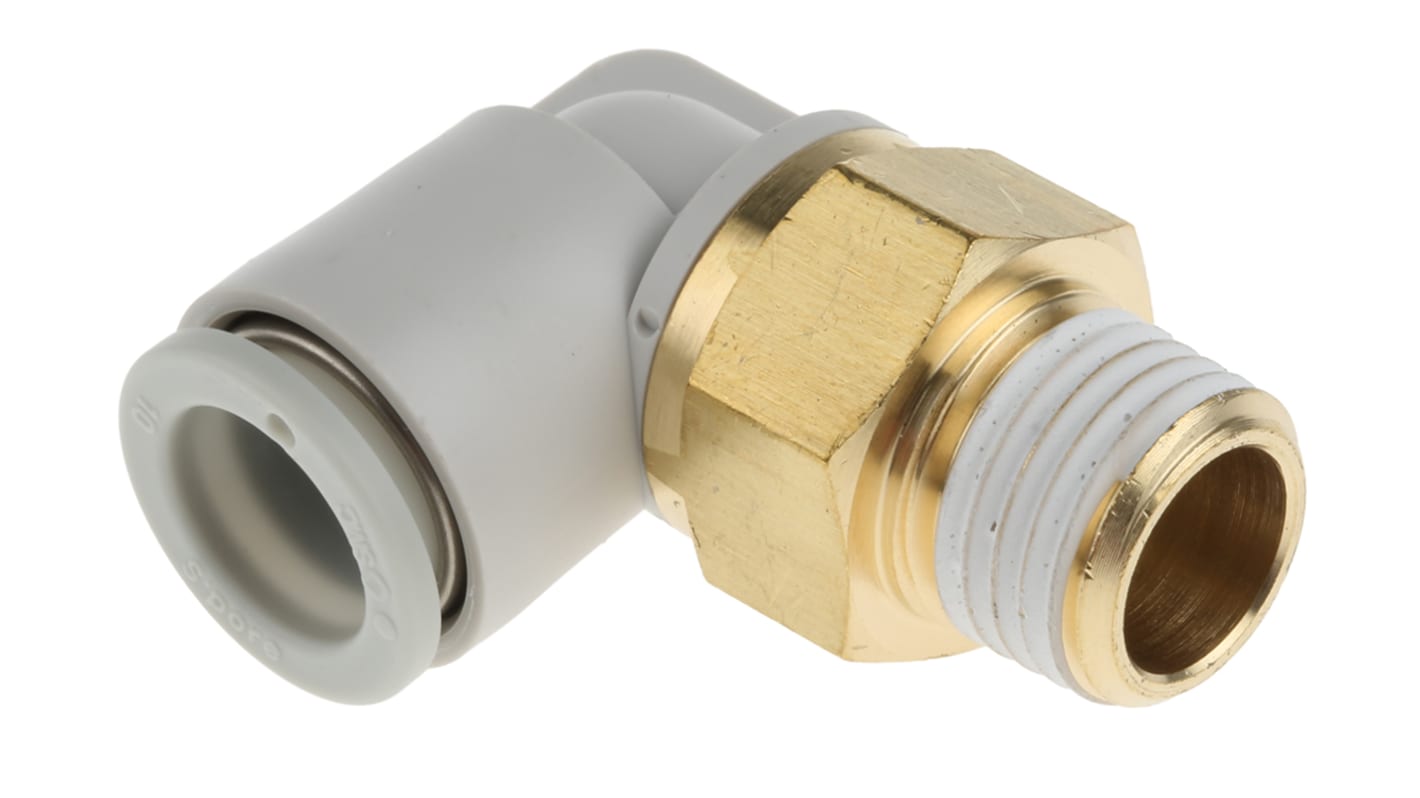 SMC KQ2 Series Elbow Threaded Adaptor, R 1/4 Male to Push In 10 mm, Threaded-to-Tube Connection Style