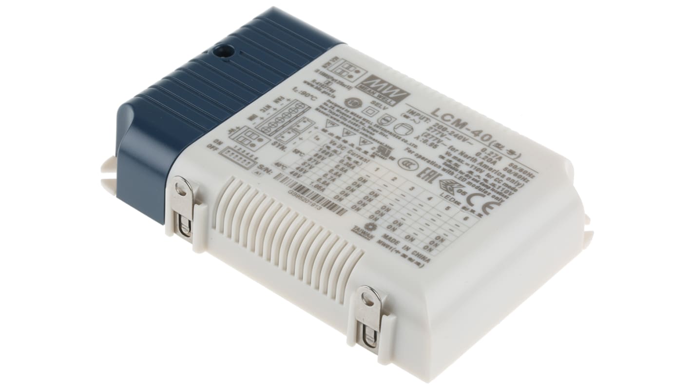 MEAN WELL LED Driver, 2 → 100V Output, 42W Output, 1.05 A, 350 mA, 500 mA, 600 mA, 700 mA, 900 mA Output,