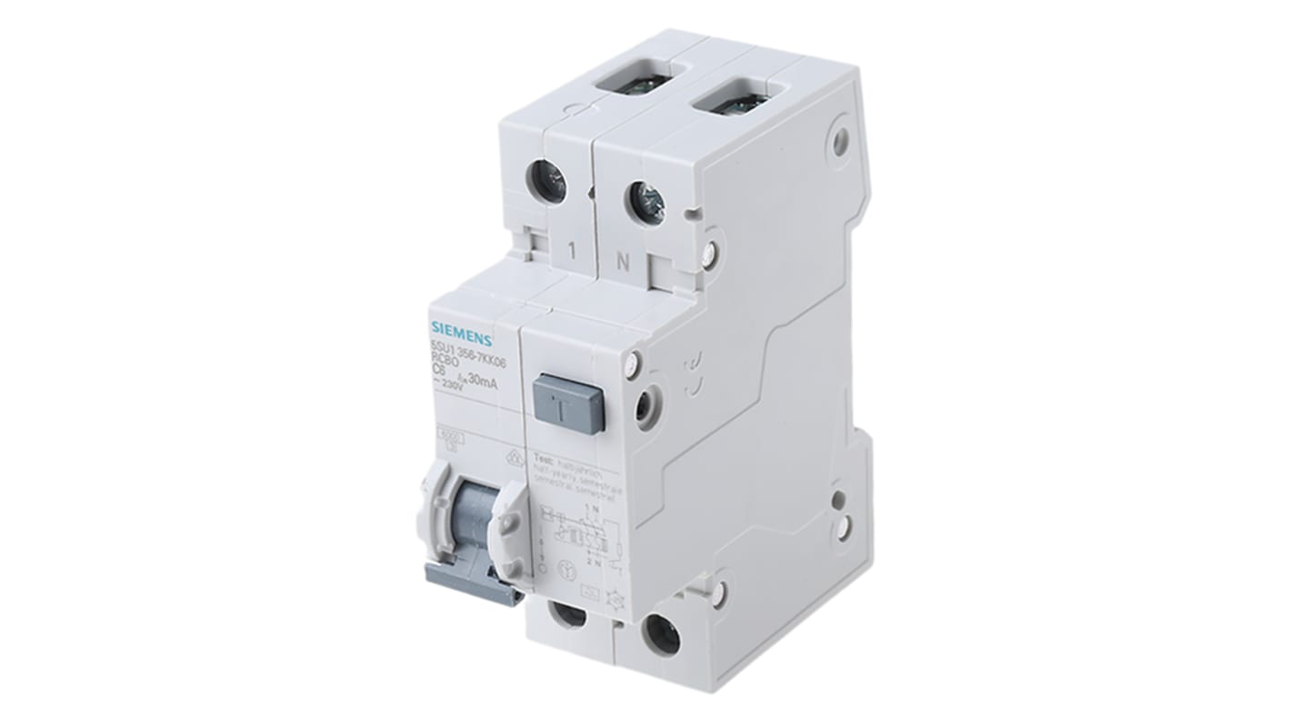 Siemens RCBO, 6A Current Rating, 1P+N Poles, 30mA Trip Sensitivity, Type C, Sentron Range