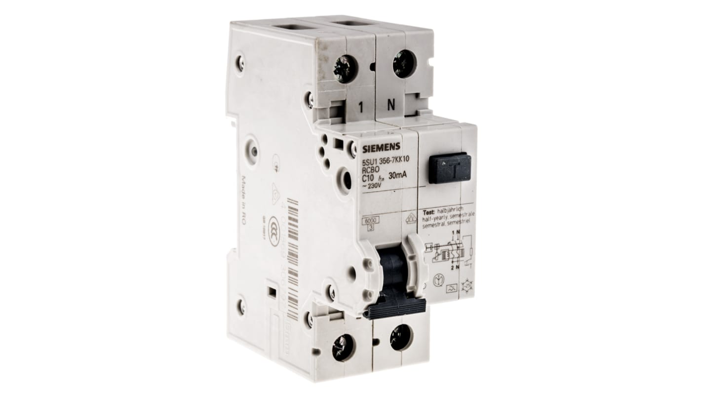 Siemens 10A 1P+NP RCBO, 30mA C型剩余电流动作断路器, 230V, 5SU1系列