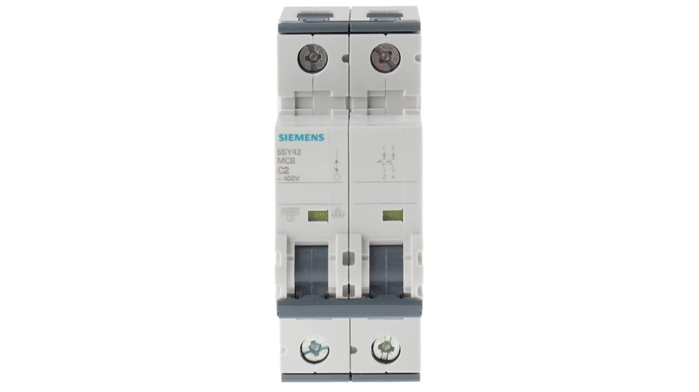 Siemens Sentron 5SY4 MCB, 2P, 2A Curve C, 400V AC, 400V DC, 10 kA Breaking Capacity