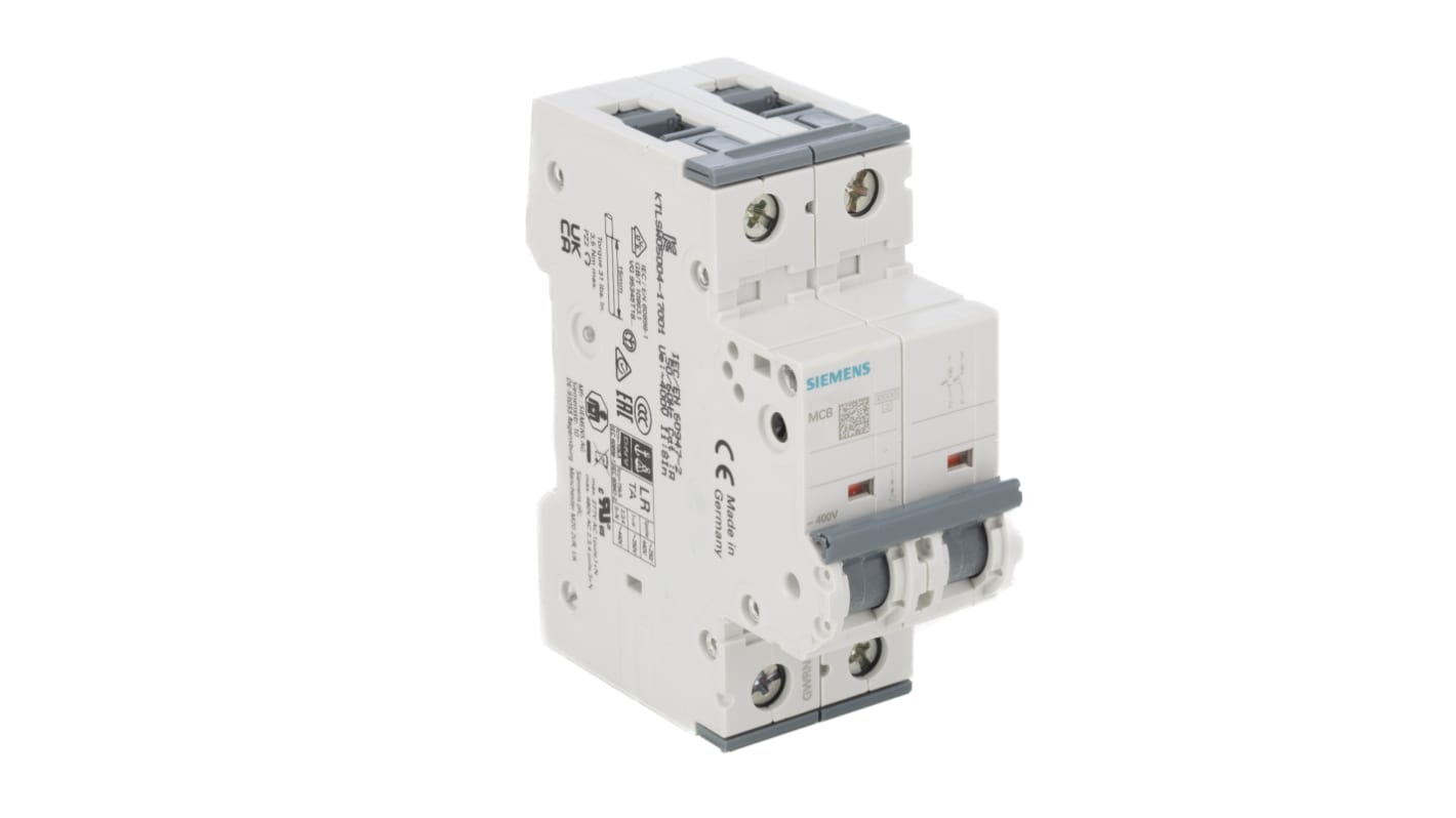 Siemens Sentron 5SY4 MCB, 2P, 10A Curve C, 400V AC, 10 kA Breaking Capacity