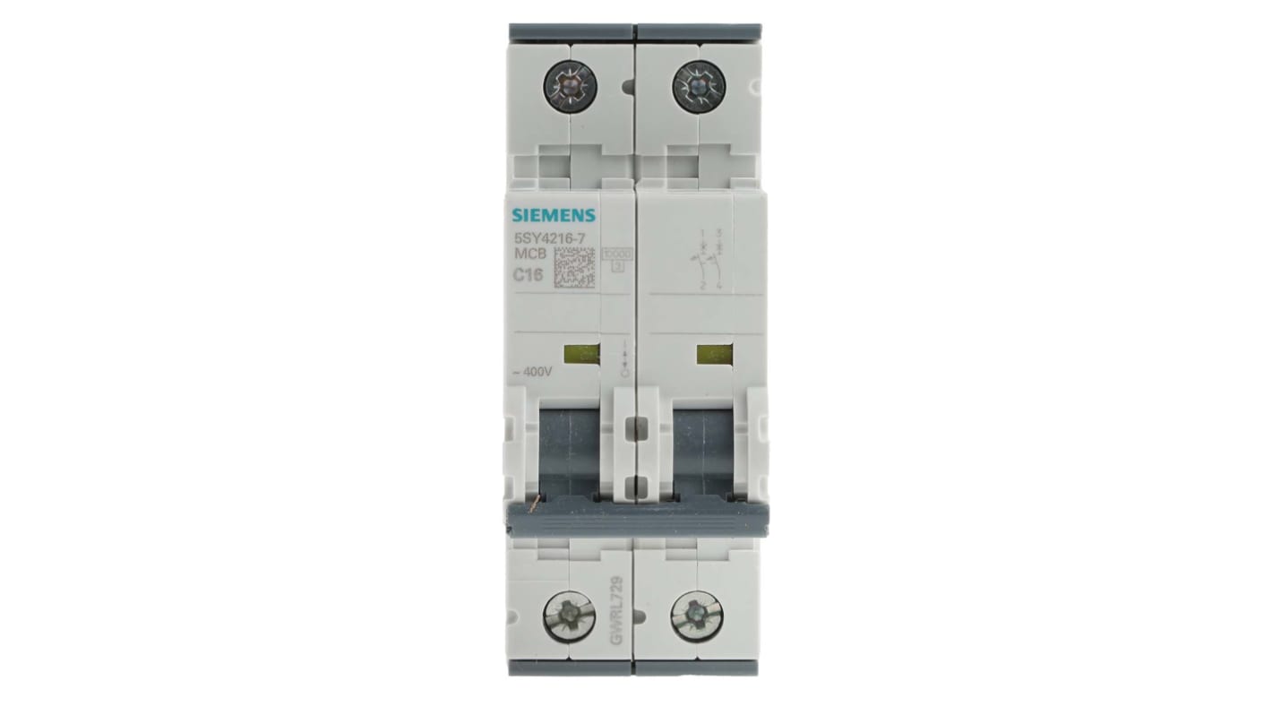 Siemens C型MCB, 2极, 10 kA分断, 16A, 400VAC, 72VDC, 5SY4系列