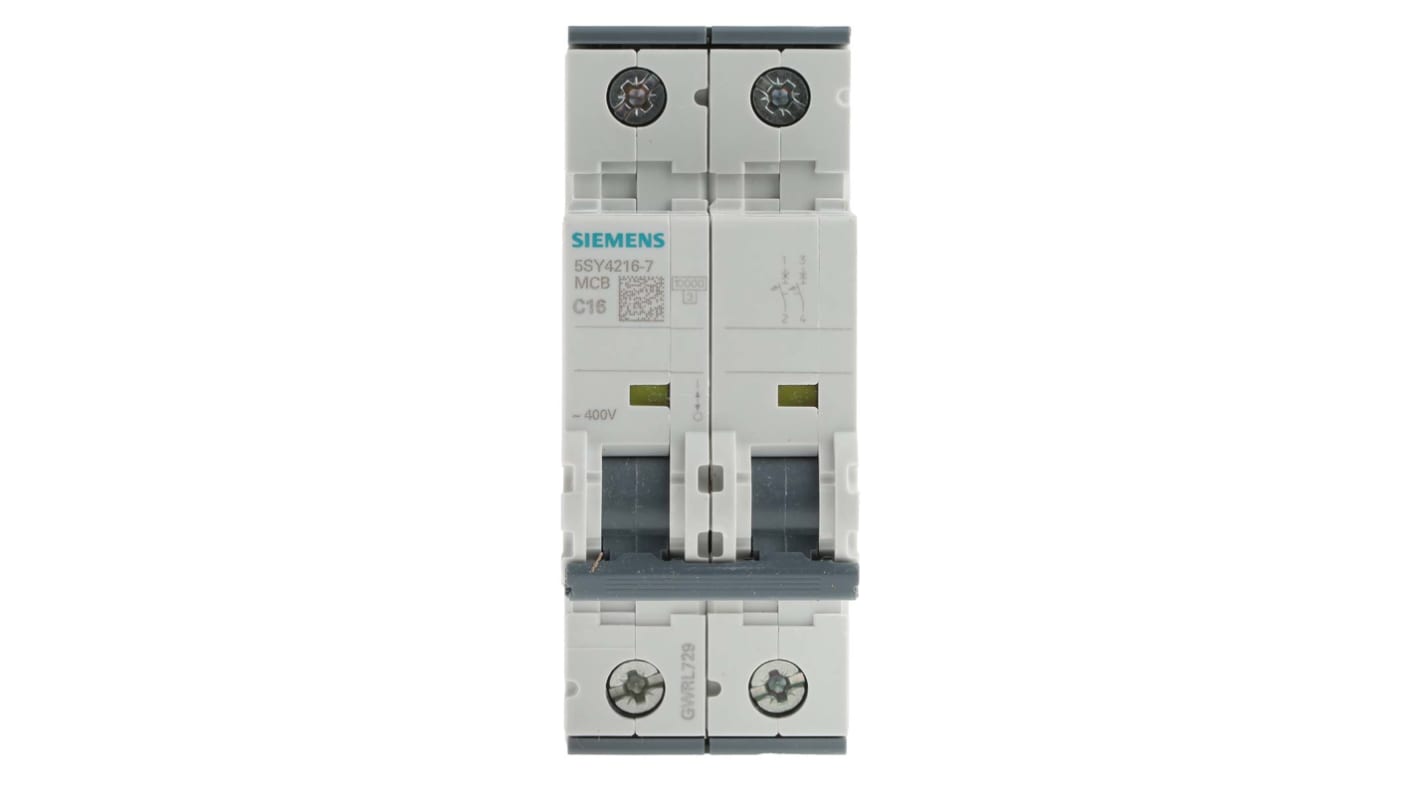 Siemens Sentron 5SY4 MCB, 2P, 16A Curve C, 400V AC, 72V DC, 10 kA Breaking Capacity